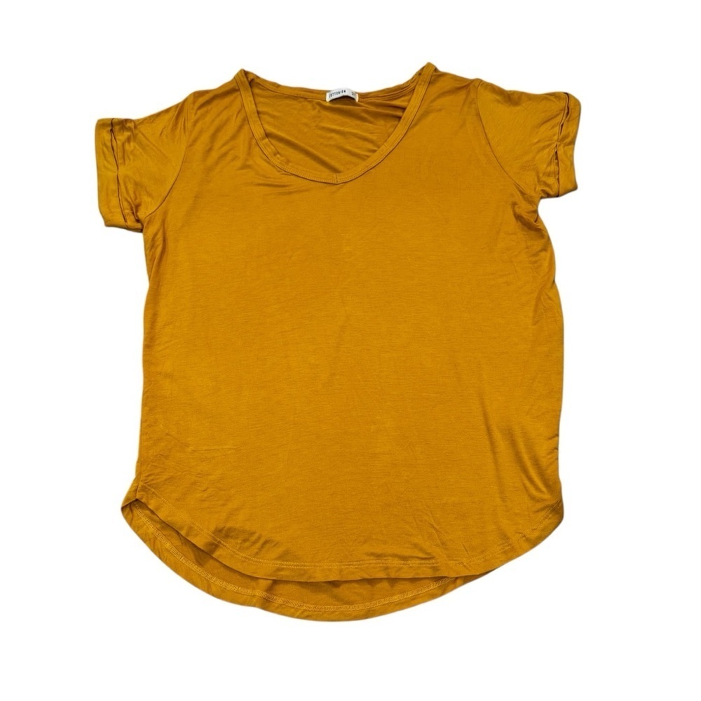 Cotton On mustard yellow short sleeved T shirt cuffed sleeves rounded bottom, S.